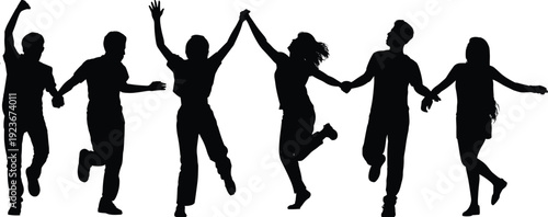 Happy friends jumping silhouettes, young people holding hands celebrating freedom unity and friendship isolated illustration set