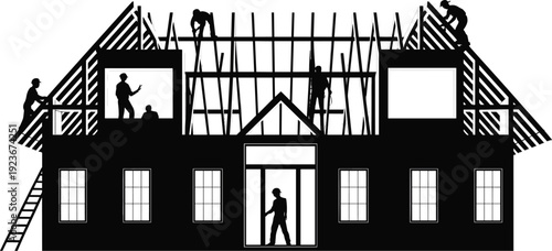 House construction silhouettes, builders working on roof framing and interior renovation illustration isolated on white background