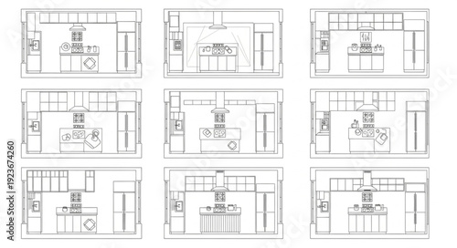 Architectural blueprints showcasing various room layouts and design concepts for interior spaces.