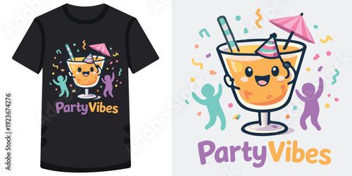 Cute and colorful party vibes tshirt design featuring a cheerful animated cocktail with happy faces and confetti celebration elements