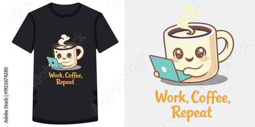 Cute and playful cartoon coffee cup mug holding a laptop with a cheerful face expressing the worklife cycle of working and drinking coffee repeatedly ideal for freelancers and remote workers