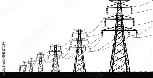 High voltage power line towers, electricity transmission pylons with cables energy infrastructure silhouette illustration isolated landscape