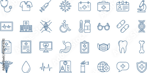 Medical, healthcare, hospital, doctor, patient, medicine, vaccine, clinic, emergency, diagnosis, treatment, lab, insurance, icons, set, line, vector, collection, outline, illustration