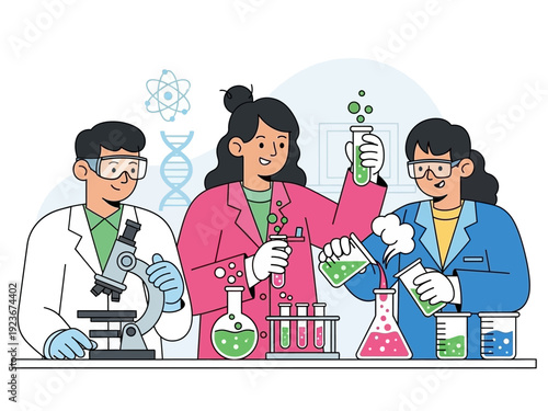 Diverse scientists conducting experiments in a modern laboratory setting.