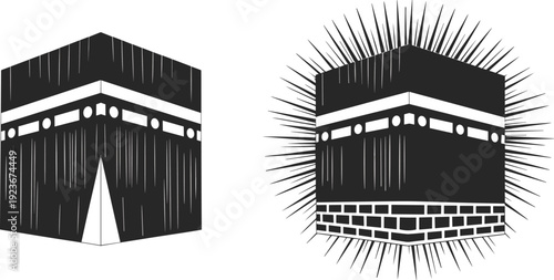 Kaaba silhouette with radiant rays, Islamic holy mosque symbol, Mecca pilgrimage and Hajj spiritual illustration design