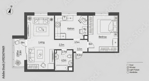 Detailed floor plan of a modern apartment with multiple rooms and features.