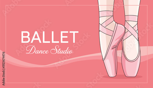 Pink Ballet School Banner with Pointe Shoes and Silk Ribbon – Elegant Dance Studio Promo Advertising Placard, Decorative Flat Vector Illustration with Copy Space