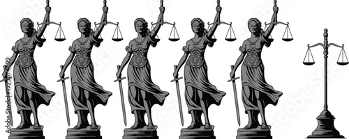 Lady Justice statue silhouettes, blindfolded goddess with scales and sword legal law illustration isolated set