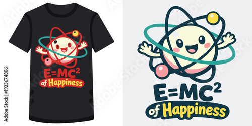 Cute cartoon atom character with smiling face and orbiting electrons on tshirt design expressing happiness and positivity with playful science theme
