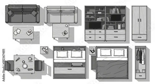 Top-down view of various furniture pieces arranged in a room layout design.