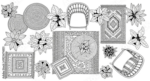 Intricate black and white pattern design featuring various shapes and textures.