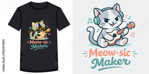 Cute cartoon cat playing guitar with headphones and musical notes perfect for music lovers and fun apparel designs