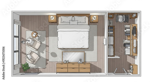 Bedroom interior design with bed, dresser, and closet, top view.