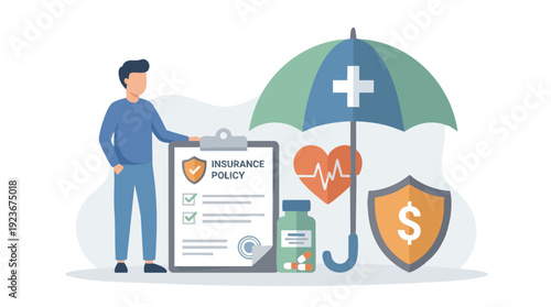 Man Standing Next to Insurance Policy Document Under Umbrella.