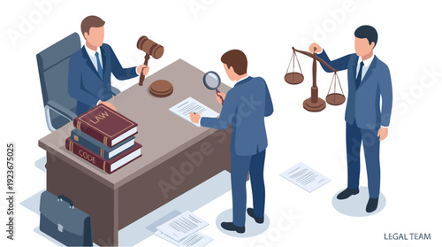 Lawyers and Judge in Courtroom with Gavel and Scales.