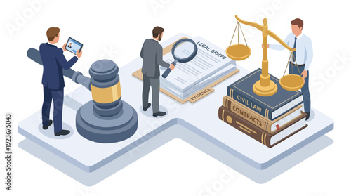 Legal professionals examining documents and evidence with gavel and scales of justice.