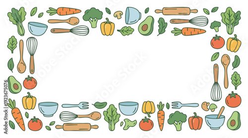 Healthy Food and Kitchen Utensils Border Design.