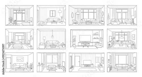 Architectural sketches of various interior room designs with different layouts and furniture arrangements.