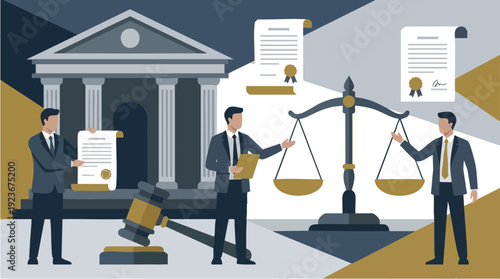 Legal professionals working with documents and scales of justice.