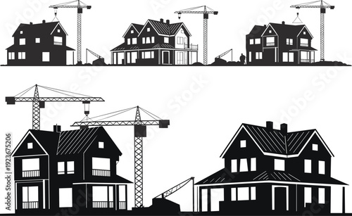 Residential construction site silhouettes, suburban houses with tower cranes building modern family homes development illustration isolated