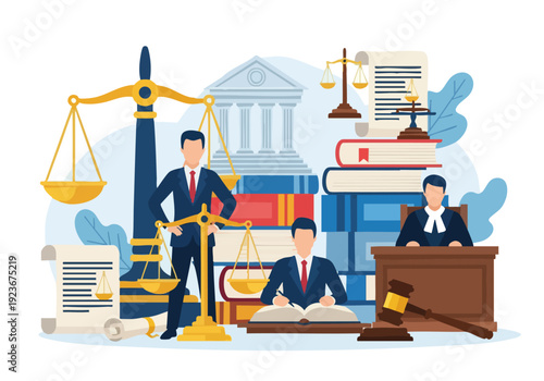 Lawyers and Judge in Courtroom with Legal Symbols.