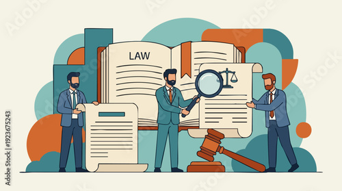 Lawyers examining legal documents with magnifying glass and gavel.