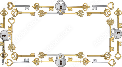 A decorative border of golden keys and locks on a white background