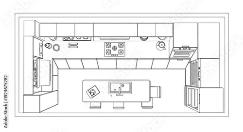 Detailed kitchen layout plan with island and appliances, top view.