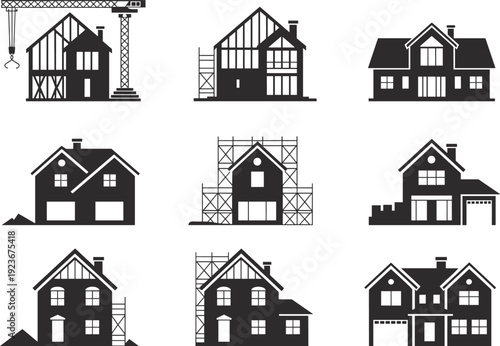 Residential house construction icons, home building process with scaffolding crane renovation stages silhouette illustration isolated set