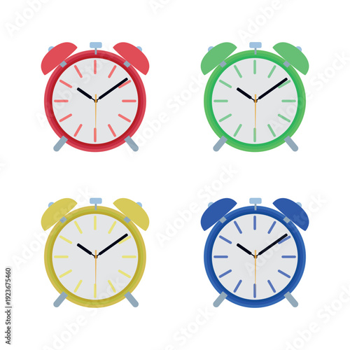 Red green yellow blue alarm clock vector emoji illustration old fashioned vintage retro analog