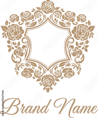 A luxurious gold floral logo design with a brand name on a white background