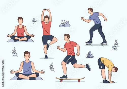 Diverse Men Engaging in Various Physical Activities and Exercises.