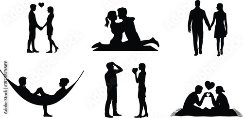 Romantic couple silhouettes set, love, relationship, dating, proposal and affection moments illustration isolated on white background