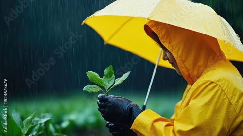 Gardener planting in rainy weather with yellow umbrella and greenery in background