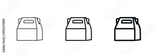 Classic gable takeout box in thin, regular, bold outline styles. Food takeaway paper box with handles. Food delivery, restaurant, and packaging designs theme. Bakery packaging. Vector illustration