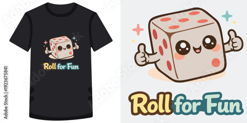 Cute cartoon dice character with thumbs up and cheerful expression on tshirt design and isolated illustration for gaming and fun activities