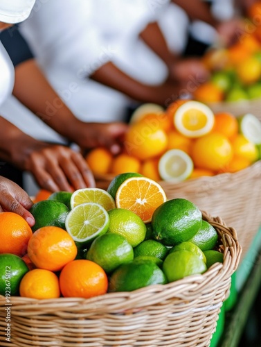 Fruit harvesting scene with workers collecting oranges and limes into baskets for fresh produce market background