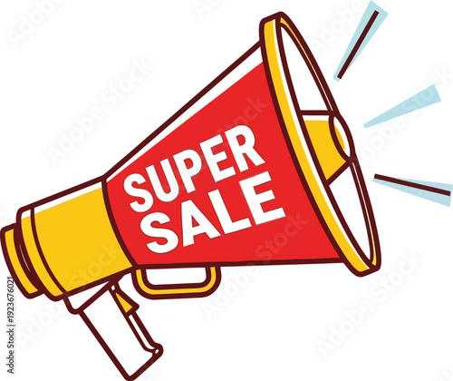 A colorful cartoon megaphone announcing a super sale on a white background