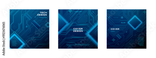 Wallpaper Mural Tech background set with glowing circuit patterns and blue digital waves. AI chip or semiconductor. Modern template for social media posts, banners, and corporate presentations. Vector illustration Torontodigital.ca