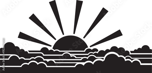 Simple black and white sunrise landscape with clouds illustration