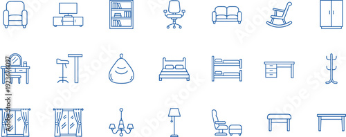 Furniture, home, interior, line, icons, set, sofa, chair, table, bed, wardrobe, desk, lamp, bookshelf, rocking, vector, collection, outline, modern, illustration