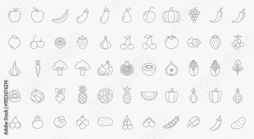 Large collection of fruit and vegetable outline icons in minimalist line vector style.