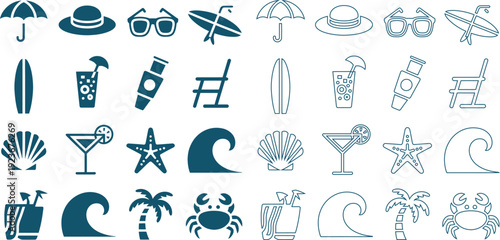 Mix of filled and outlined beach and summer vacation in teal