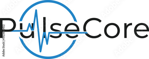 A logo for PulseCore with a blue circle and heartbeat line