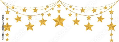 A string of golden stars hanging from a decorative garland on a white background