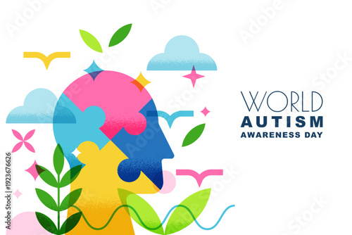 World Autism Awareness Day poster, banner, design. Vector head divided into colorful puzzle. Mental health concept