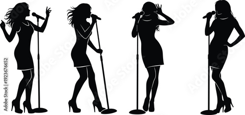 Female singer silhouettes performing with microphone music concert stage artist woman singing isolated vector illustration performance set