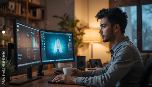 A young South Asian male freelancer working on a dual-monitor setup in a cozy, modern room, holding a cup of tea, warm ambient lighting, depth of field, sharp focus on the screen, commercial lifestyle