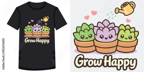 Cute cartoon succulent plants in flower pots with smiling faces being watered by a watering can illustration for happy gardening and plant care themes