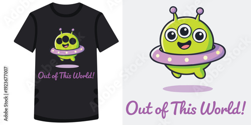 Cute green cartoon alien character in a flying saucer with happy expression and text design on tshirt mockup